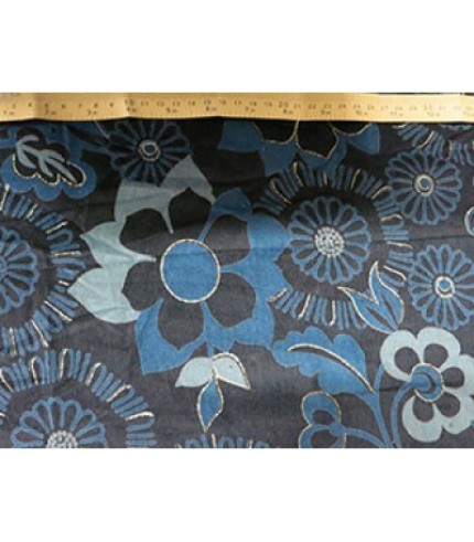 100% COTTON CORDUROY FLOWER PRINT BLUE ON BLACK